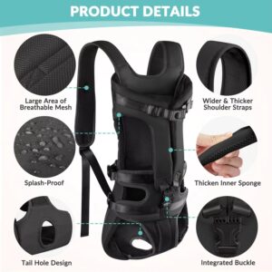 Wide padded shoulder straps and waist buckle on hiking dog carrier